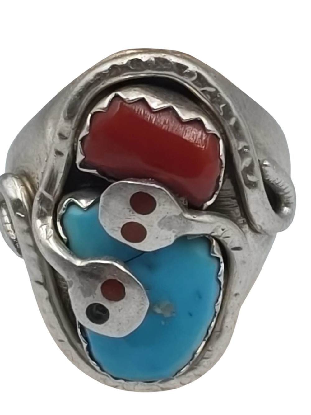 Effie Calavaza Zuni Sterling Turquoise Coral Two Snakes Ring Sz 10.25